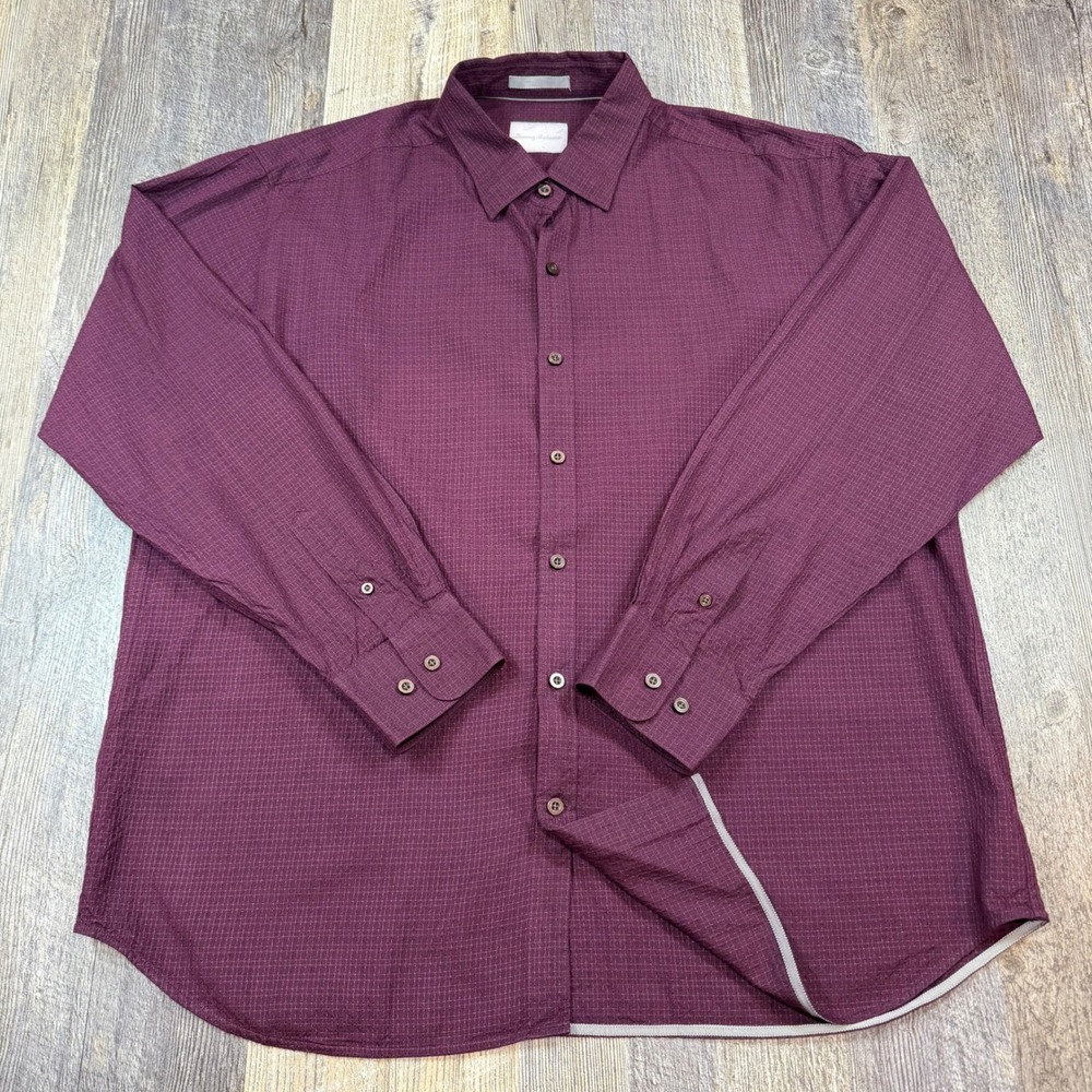 Tommy Bahama Mens XL Burgundy Silk Cotton Textured Grid Long Sleeve Button Shirt